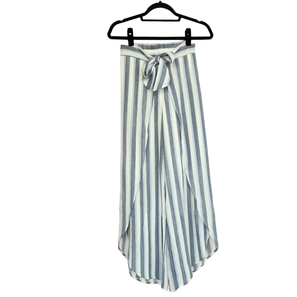 Aqua by Bloomingdale's Flowy High-Waisted Striped Wrap Tie Pants - Blue & White - Picture 2 of 10